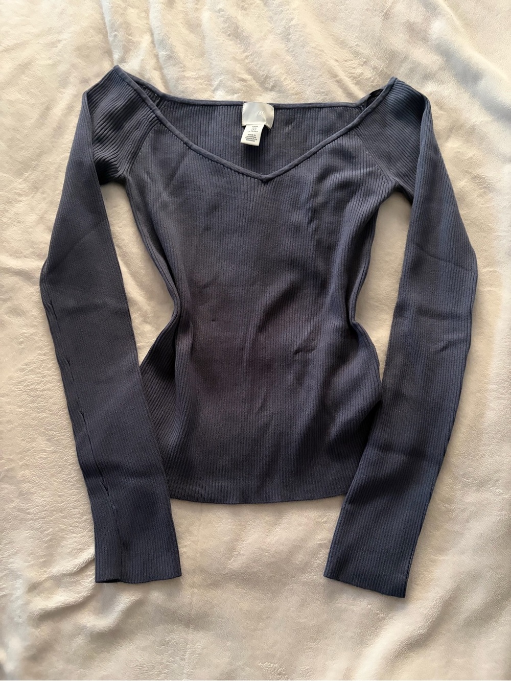 H&M Ribbed V-Neck Long Sleeve Top - Navy Blue